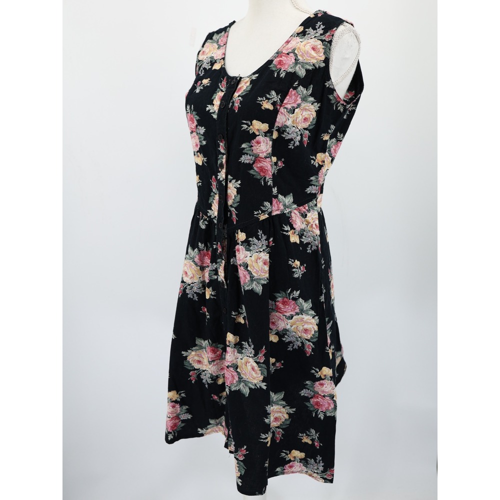 Vintage Starina Floral Cotton Midi Dress Black Rose Cottagecore‎ Nepal Size L